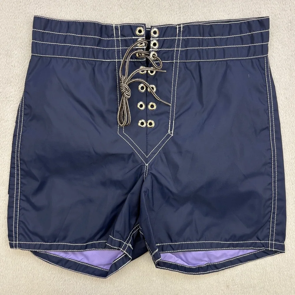 Birdwell Beach Britches Board Shorts Mens 28 Navy Blue Lace Up Front Vintage 70s